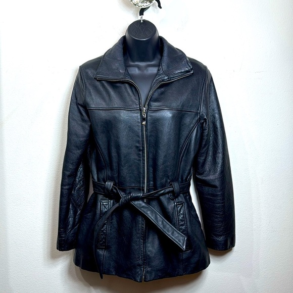 (P1) Kathy Ireland Jacket Black genuine leather belted coat, size S - Picture 2 of 15